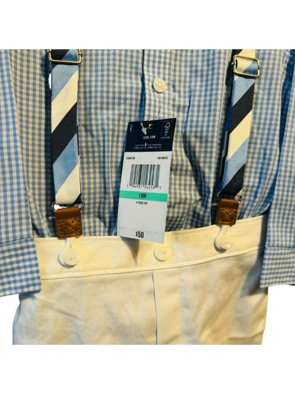 IZOD Baby Boys Blue Checkered Shirt White Pants Bow Tie & Suspenders 4-Piece Out